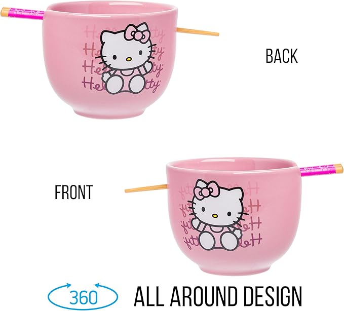 Silver Buffalo Sanrio Hello Kitty Waving Pink Ceramic Ramen Noodle Rice Bowl with Chopsticks, Microwave Safe, 20 Ounces,