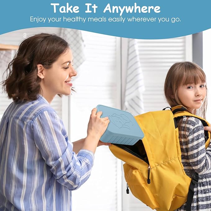 Bento Lunch Box for Kids-Reusable Silicone Kids Bento Box Lunch Container Leakproof Lunchbox Meal Prep Food Storage Containers with 3 Removable Compartments–Dishwasher Safe/BPA Free/Portion Control