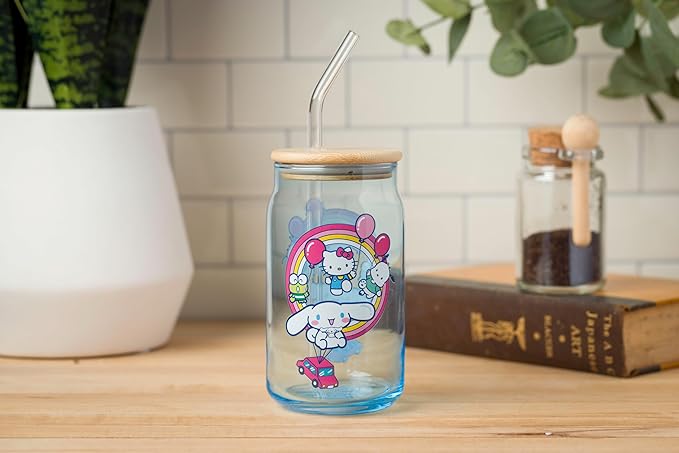 Silver Buffalo Sanrio Hello Kitty & Friends Floating Car Balloons Featuring Cinnamoroll, Pochacco, and Keroppi Glass Jar Tumbler with Bamboo Lid and Glass Straw, 16 Ounces (Pack of 12)