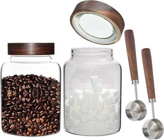 Glass Coffee Jars Spice Jar Round Storage Canister with Wooden Lid Clear Glass Food Jar for Pantry Sugar Tea Coffee Bean Spice Nuts Cookies Bath Salts (1800ml/60oz-2PACK（with spoon)