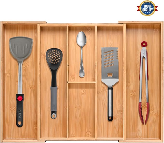 Bamboo Silverware Organizer, Expandable Kitchen Drawer Organizer and Utensil Organizer, Cutlery Tray with Drawer Dividers for Kitchen Utensils and Flatware, Bedroom, Living Room (Natural)