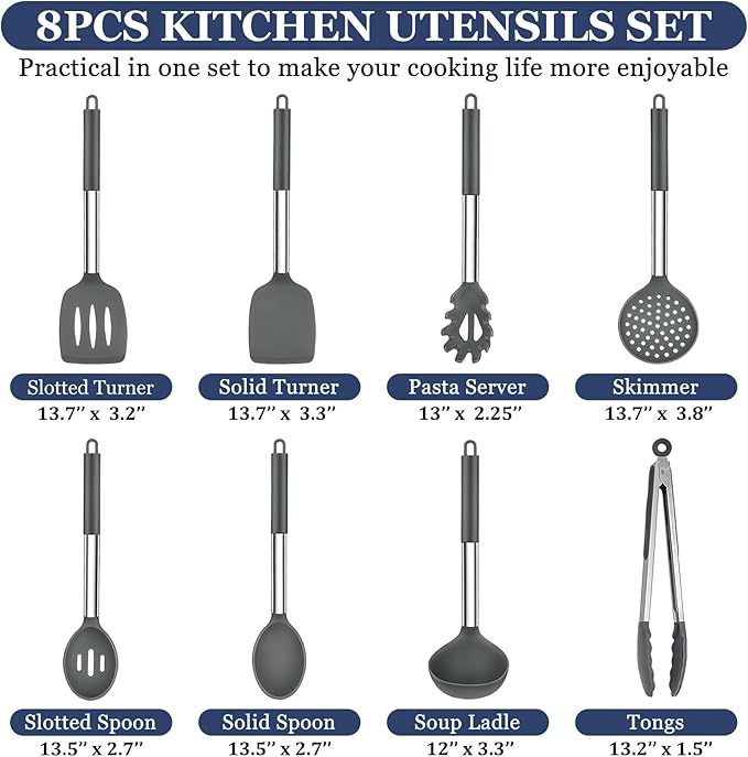 TeamFar Kitchen Utensils, 8PCS Silicone Utensils Kitchen Tools Set with Stainless Steel Handle, for Nonstick Cookware Frying Flipping Draining, Healthy & Anti-heat, Nonstick & Dishwasher Safe - Gray