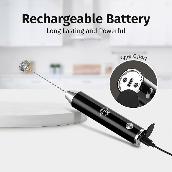 Zulay Kitchen Lux Electric Milk Frother Rechargeable Handheld - Powerful 2-Speed Motor, Waterproof, 2000mAh Battery - Lux Coffee Frother for Protein Powder, Drink Mixer Wand & Matcha Mixer