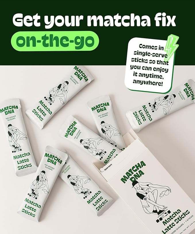 MatchaDNA Matcha Powder Sticks 7 Pack (20g Each) – Sweetened with Milk, No Sugar Added – Organic Matcha Powder Green Tea Latte Mix for Hot or Iced Drinks – Organic Macha Tea, Smooth Energy Boost