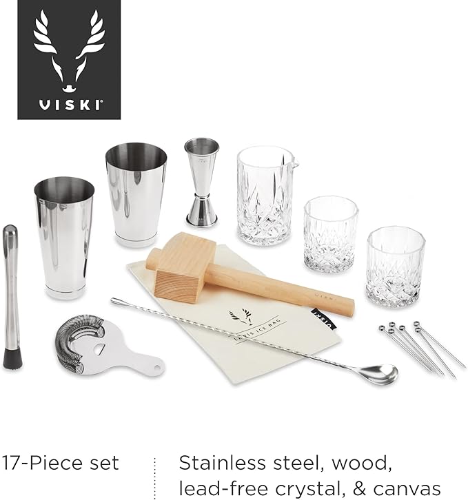 Viski Bartender Kit and Barware Set Includes Boston Cocktail Shakers, Mixing Glass, Jigger, Muddler, Strainer, Bar Spoon, Whiskey Glasses, Ice Bag, Mallet, and Cocktail Picks, Home Bar Gifts, 17-Piece