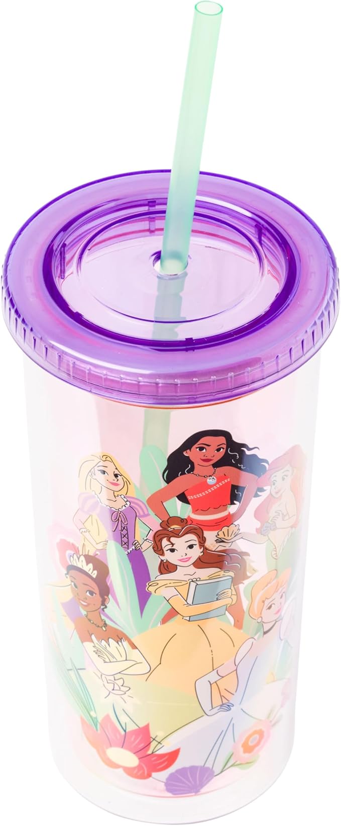 Silver Buffalo Disney Princess Featuring Moana, Rapunzel, Ariel, Tiana, Belle, and Cinderella Plastic Tall Cold Cup with Lid and Straw, 20 Ounces
