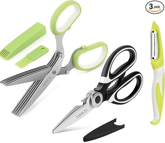 5-Blade Herb Scissors with Kitchen Shears & Peeler, Stainless Steel Multi-Use Tool for Herbs, Meat, Vegetables, Dishwasher Safe, Soft-Grip Handle
