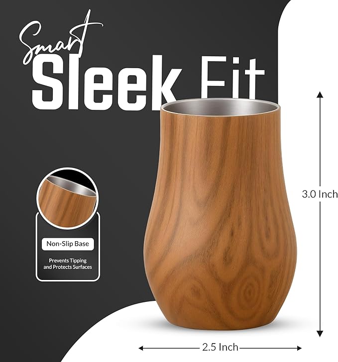 Double-Wall Insulated Whiskey Glass – Stemless Nosing Glass for Bourbon, Scotch & Whisky – Wood Finish – Gift for Men, Dad, Whiskey Lovers (Set of 2)