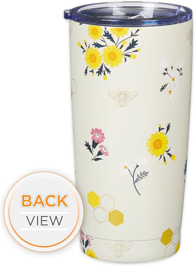 Christian Art Gifts Stainless Steel Scripture Tumbler Travel Mug for Women: Kind Words Bible Verse, Cute Bumble Bee, Double-wall Vacuum Insulated, Lid, Hot/Cold, Creamy White Multicolor Floral, 18oz.