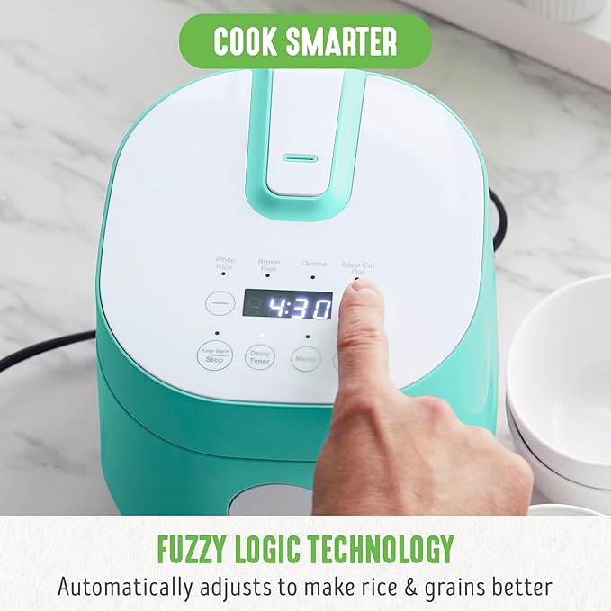 GreenLife Digital Rice Cooker, 2-Cups Uncooked/4-Cups Cooked, Removable Nonstick Ceramic PFAS-Free Pot, One-Touch Presets, Oats, Quinoa, Brown Rice, Auto Keep Warm, Fuzzy Logic Tech, 1.5 QT, Turquoise