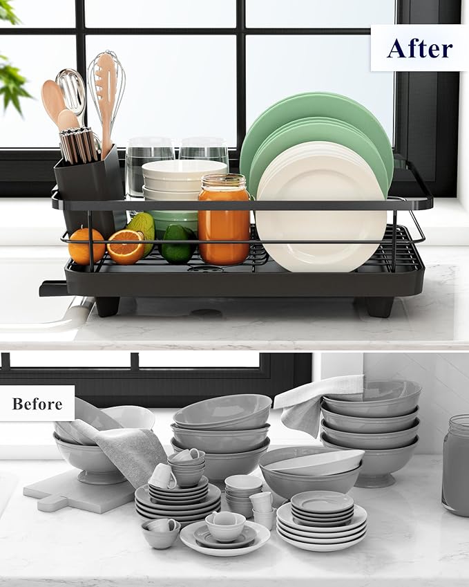 Kitsure Dish Drying Rack for Kitchen Counter, Stainless Steel Sink Organization and Storage Essentials with Cutlery Holder, Home and Appartment Decor, 12''W x 15.5''L, Black