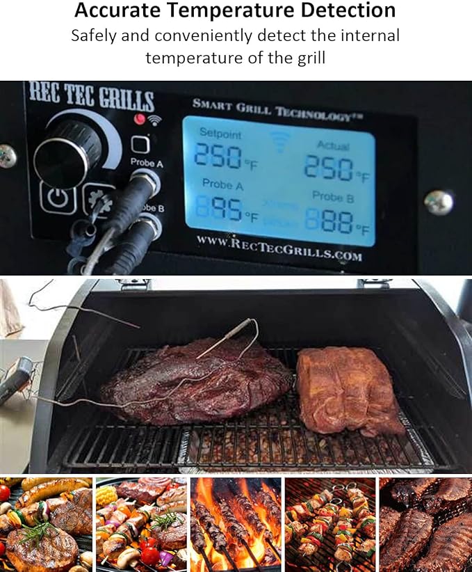 2 Pack Temperature Meat Probe Replacement Fits for Rec tec Wood Pellet Grill, Recteq Grill Accessories, with 2 BBQ Thermometer Probe Holder Clip