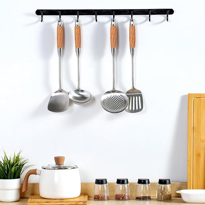 FJNATINH Wok Utensils - Wok Spatula Metal Set, 4-Pieces 14-15 Inch Extra Long, Wok Tools Professional Set, Wooden Handle Skimmer, Soup Ladle, Slotted Turner