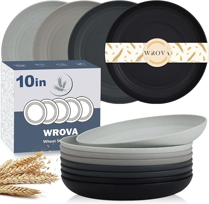 Wrova Wheat Straw Dinner Plates - 10 Inch Unbreakable Set of 8 - Dishwasher & Microwave Safe Reusable Plates - Lightweight for Kitchen, Camping (Classic Series)