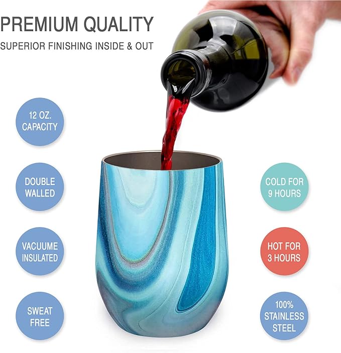 CHILLOUT LIFE 12 oz Stainless Steel Wine Tumblers 2 Pack & 1 Insulated Wine Bottle - Double Wall Vacuum Insulated Wine Glasses Cups with Lids and Straws Set Keeping Cold & Hot Gift Set