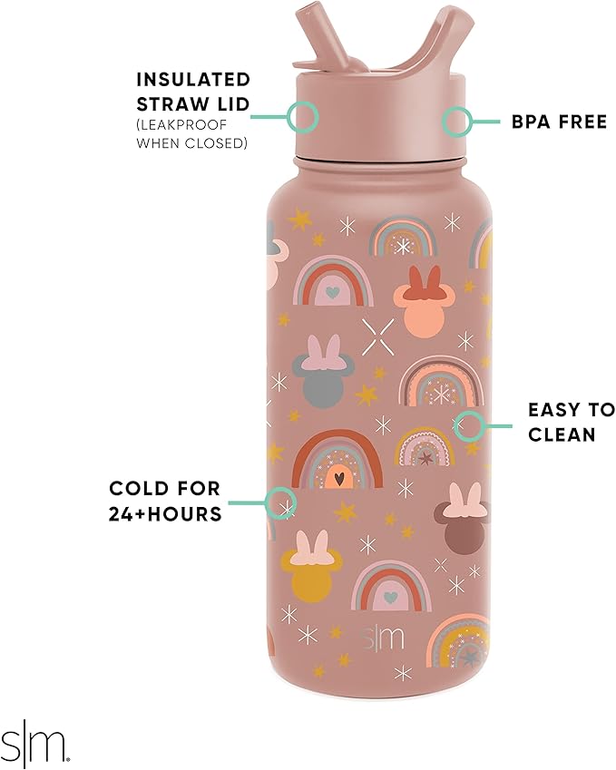 Simple Modern Disney Minnie Mouse Water Bottle with Straw Lid Vacuum Insulated Stainless Steel Metal Thermos | Gifts Reusable Leak Proof Flask for Gym, Travel | Summit Collection | 32oz