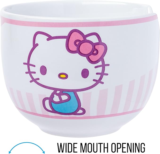 Silver Buffalo Sanrio Hello Kitty Pink Stripes Ceramic Ramen Bowl with Chopsticks, 20 Ounces