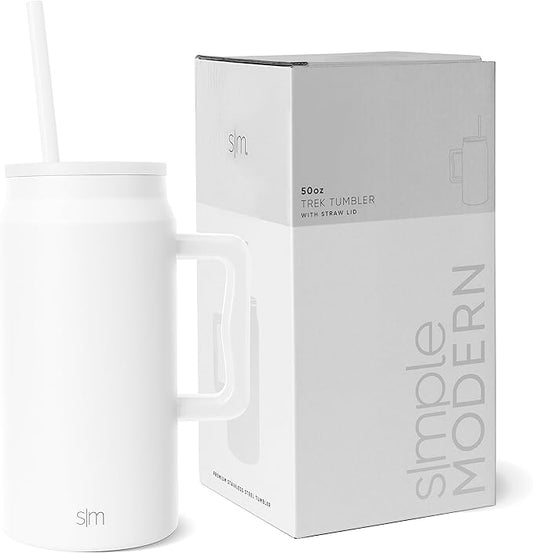 Simple Modern 50 oz Mug Tumbler with Handle and Straw Lid | Reusable Insulated Stainless Steel Large Travel Jug Water Bottle Gifts for Women Men Him Her Trek Collection 50oz Winter White