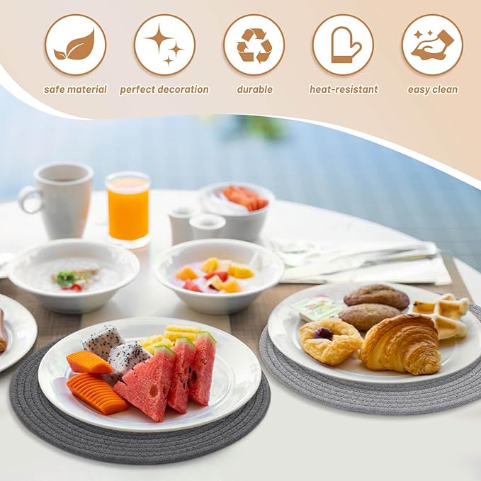 Billbotk Round Woven Placemats Set of 4, 13 Inches Kitchen Table Place Mats for Dining Table, Trivets for Hot Pots and Pans, Boho Table Decorations for Table Setting, Tabletop Accessories