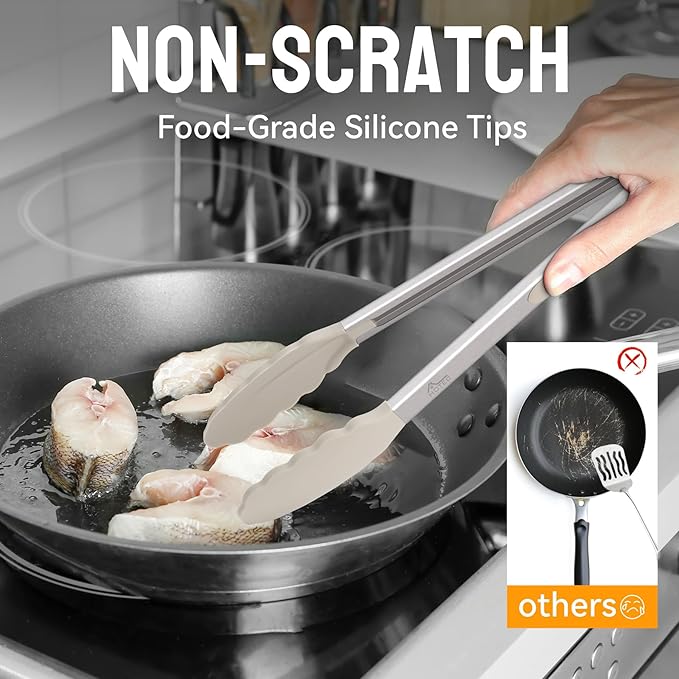 HOTEC Premium Stainless Steel Locking Kitchen Tongs with Silicon Tips, Set of 2-9" and 12",Khaki