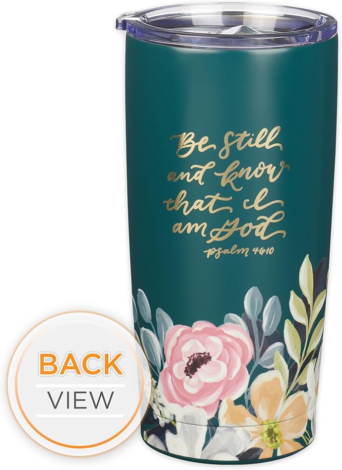 Christian Art Gifts Large Stainless Steel Inspirational Travel Mug Tumbler for Women: Be Still & Know Encouraging Scripture, Vacuum Insulated, Hot/Cold, Retractable Lid, Teal Multicolor Foral, 18 oz.