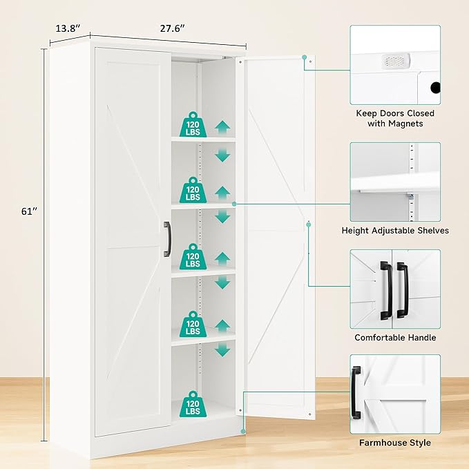 SISESOL 61" Tall Pantry Cabinet,Farmhouse Kitchen Pantry Storage Cabinets with 2 Doors and 5 Shelves,White Metal Storage Cabinet,Large Cupboard for Home,Kitchen,Dining/Living Room