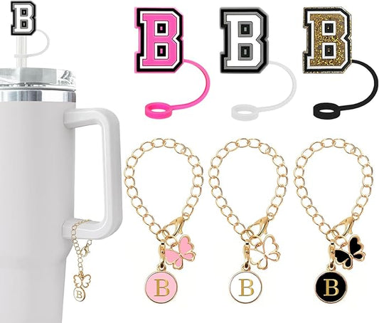 （3 +3) Nuozme Straw Cover Compatible with Stanley Tumbler Cup 3PCS Letter Straw Caps Toppers with 3 Initial Butterfly Charms Name ID For Stanley 30&40 Oz Cup