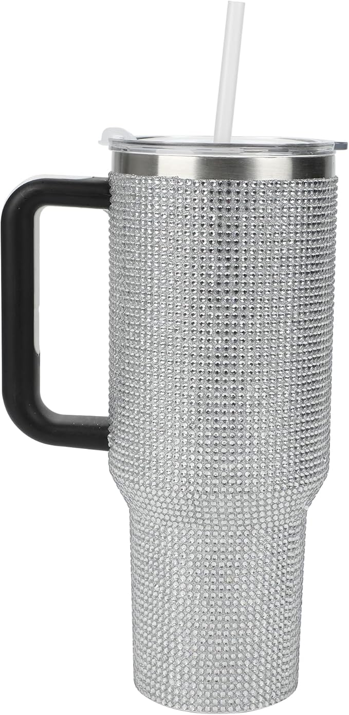 Bioworld Silver Rhinestone 40 Oz Vacuum Insulated Stainless Steel Tumbler with Leak-Proof Lid & Easy Carry Handle, Sparkling Finish for Travel or Home