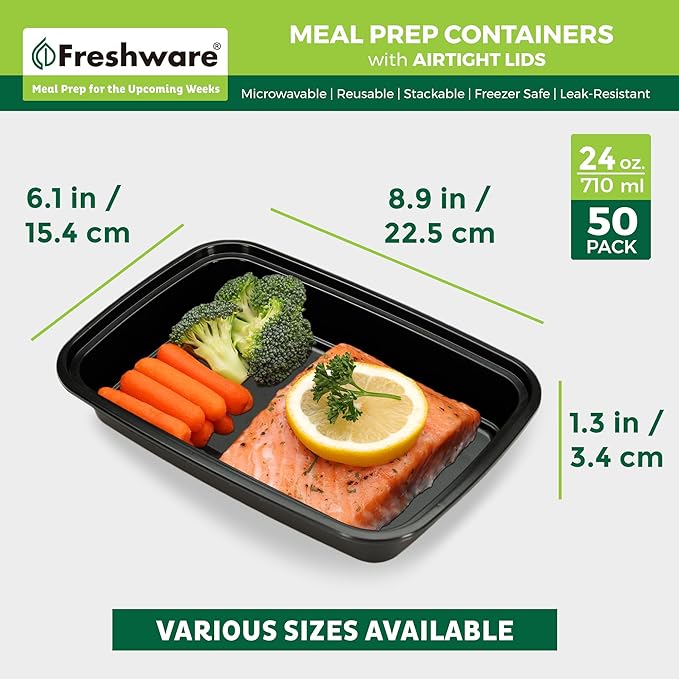 Freshware Meal Prep Containers [50 Pack] 1 Compartment with Lids, Food Storage Containers, Bento Box, BPA Free, Stackable, Microwave/Dishwasher/Freezer Safe (24 oz)
