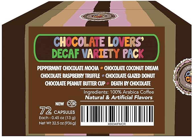 Crazy Cups Decaf Chocolate Coffee Pods, 72 Count Variety Pack, Dark Roast, Compatible with Keurig K Cup Machines, Vegan, Gluten Free, Kosher Certified