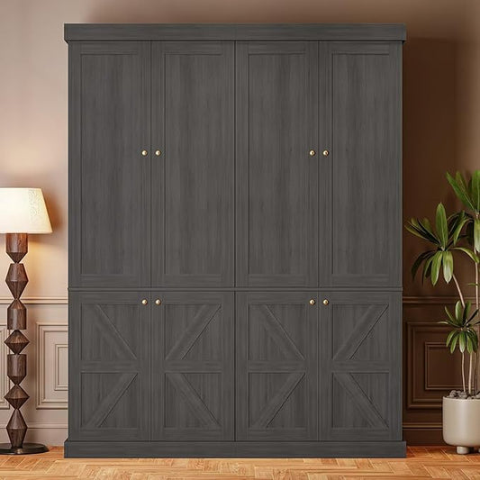 70.8" Tall Bookshelf with Doors, Farmhouse Modular Bookcase with 4-Tier Adjustable Shelves, Large Storage Cabinet for Home Office, Living Room, Black, Set of 2