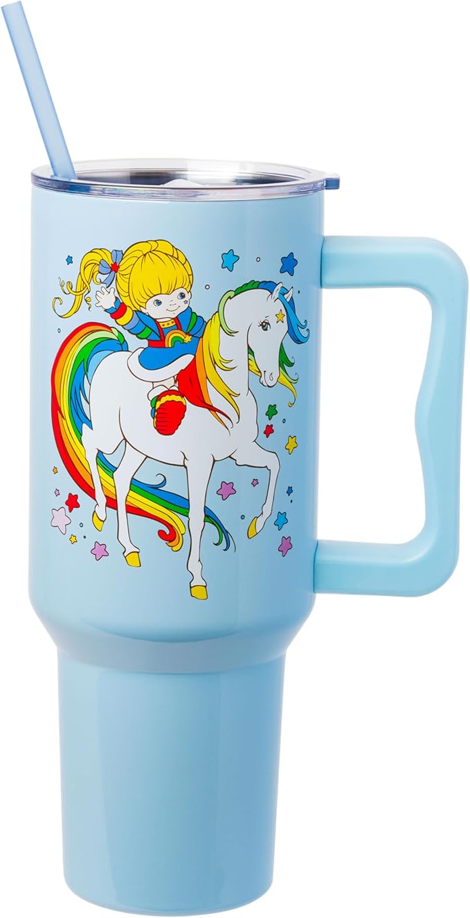 Silver Buffalo Rainbow Brite Featuring Starlite Stars Stainless Steel Tumbler with Handle and Straw, Fits in Standard Cup Holder, 40 Ounces