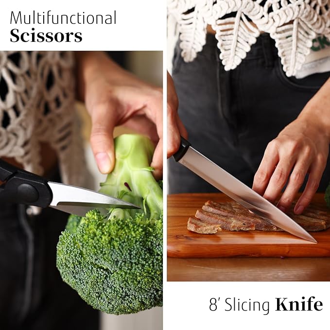 Black Knife Set with Wooden Block, 7 Pieces Sharp Knife Block Set with Stainless Steel Blade Ergonomic Handle, Dishwasher Safe Knives Set