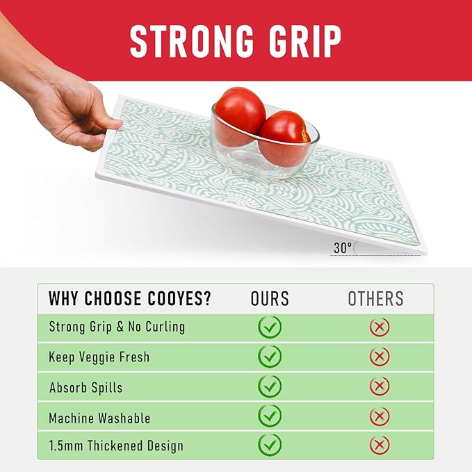 Cooyes Refrigerator Shelf Liners, Drawer Liners for Kitchen Cabinets, Absorbent Fridge Mats with Non-Slip Particles, Breathable Cloth Material BPAfree, Keep Produce Fresh Longer, 6 Pack, 12" × 24"
