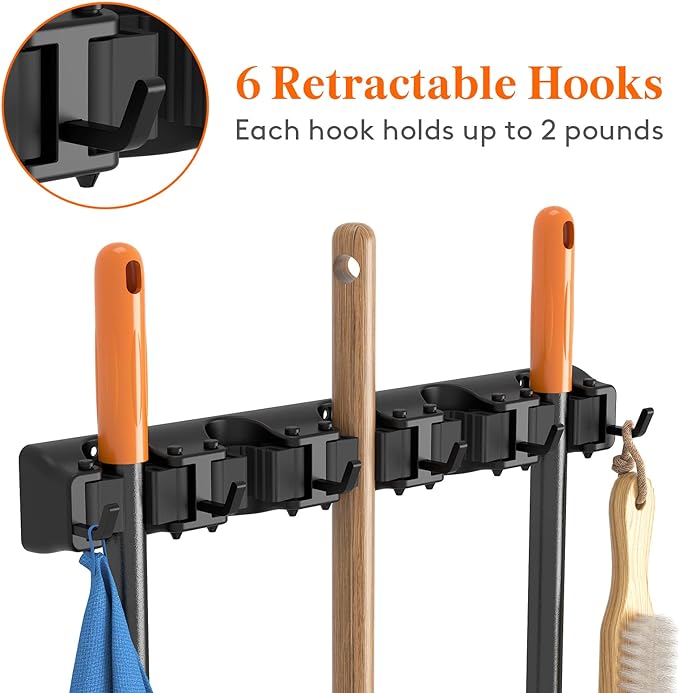 Lifewit Mop and Broom Holder Wall Mount, Anti-Slip Broom Hanger for Kitchen Organization, Heavy Duty Cleaning Supplies Organizer, Easy Install Tool Organizer for Closet, Garage, 2 Pack, Black