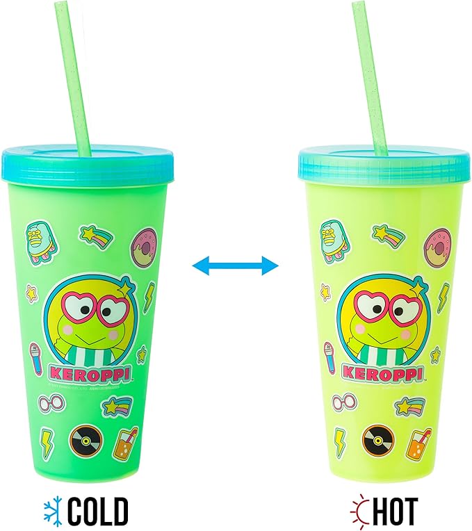 Silver Buffalo Sanrio Hello Kitty and Friends Sticker Design Featuring Kuromi, Keroppi, My Melody, and Hello Kitty 4 Pack Color Changing Plastic Tumbler Set with Glitter Straw, 24 Ounces
