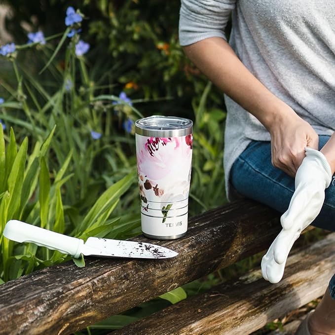 Tervis Traveler Kelly Ventura Floral Collection Triple Walled Insulated Tumbler Travel Cup Keeps Drinks Cold & Hot, 20oz - Stainless Steel, Posy