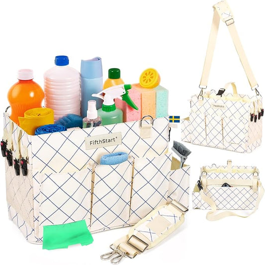 FifthStart Professional Cleaning Caddy - Heavy-Duty Organizer Tote with Adjustable Compartments, Mesh Base, 9 Pockets & Shoulder Strap for Cleaning Supplies (Blue Check, LArge)