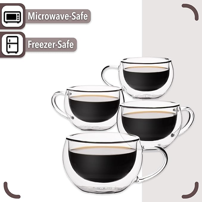 BTaT Insulated Coffee Cups - Set of 4 (9 oz, 270 ml), Double Wall Glass Tea & Latte Mugs