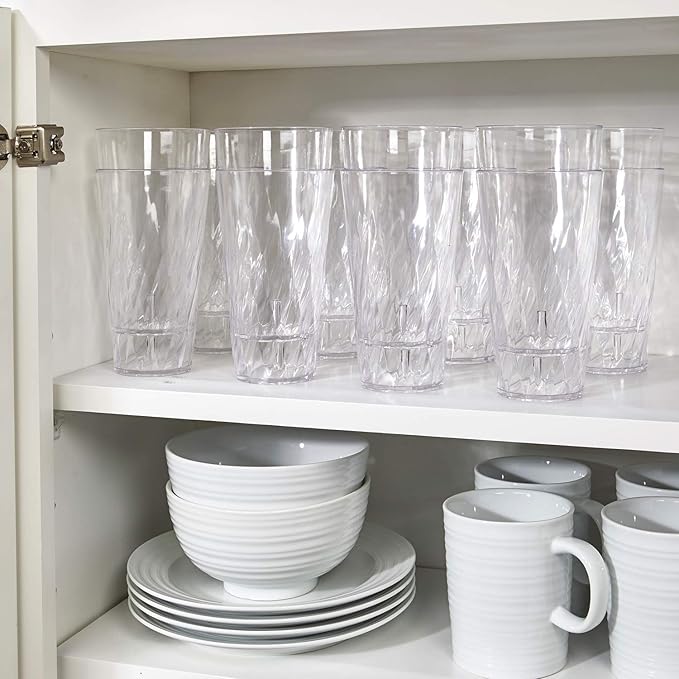 US Acrylic Palmetto [Set of 16] 20 ounce Plastic Stackable Water Tumblers in Clear, Lightweight Value Set of Drinking Cups, Reusable, BPA-free, Made in the USA, Top-rack Dishwasher Safe