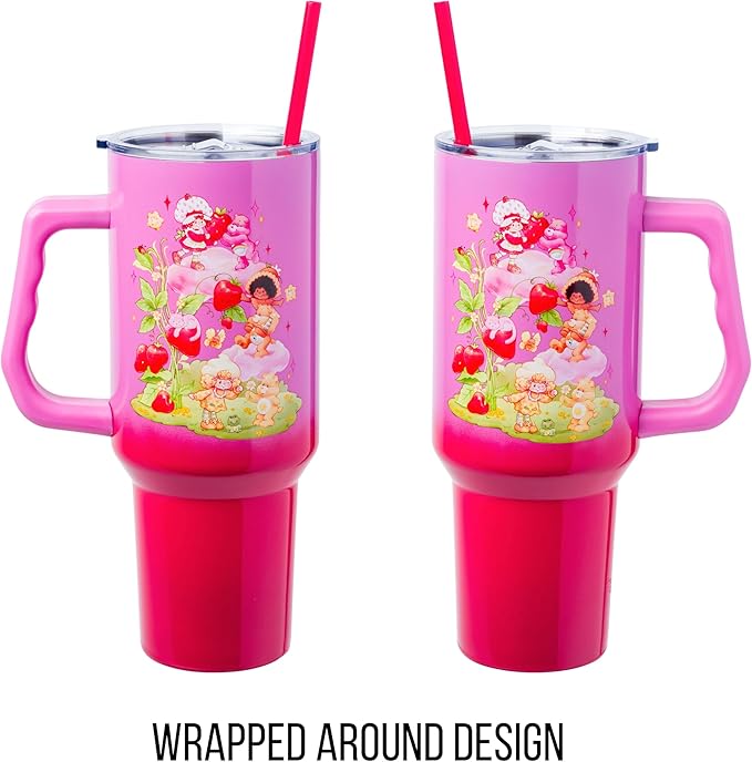 Silver Buffalo Care Bears and Strawberry Shortcake Ombre Stainless Steel Tumbler with Handle, Fits in Standard Cup Holder, 40 Ounces