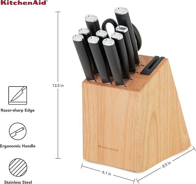KitchenAid Classic 12 Piece Knife Block Set with Built in Knife Sharpener, High Carbon Japanese Stainless Steel Kitchen Knives, Sharp Kitchen Knife Set with Block, Rubberwood