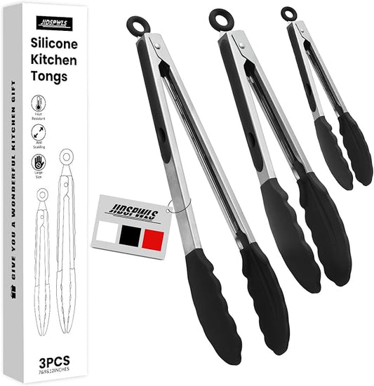 Premium Stainless Steel Heat Resistant Kitchen Tongs for cooking,set of 7"+9"+12" (Black),Non Scratch Silicone cooking Tong Tip for Cooking Pans,Strong Grip BBQ tongs for Grabbing Hot Food