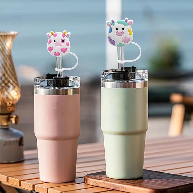 Straw Cover Cap for Stanley Cup 30 Oz 40 Oz Tumblers - 10mm Cute Cow Straw Tips Covers,Silicone Straw Toppers, Funny Animals Straw Covers Cap Plugs,Anti-dust Straw Tip Drinking Straw Tips Lids