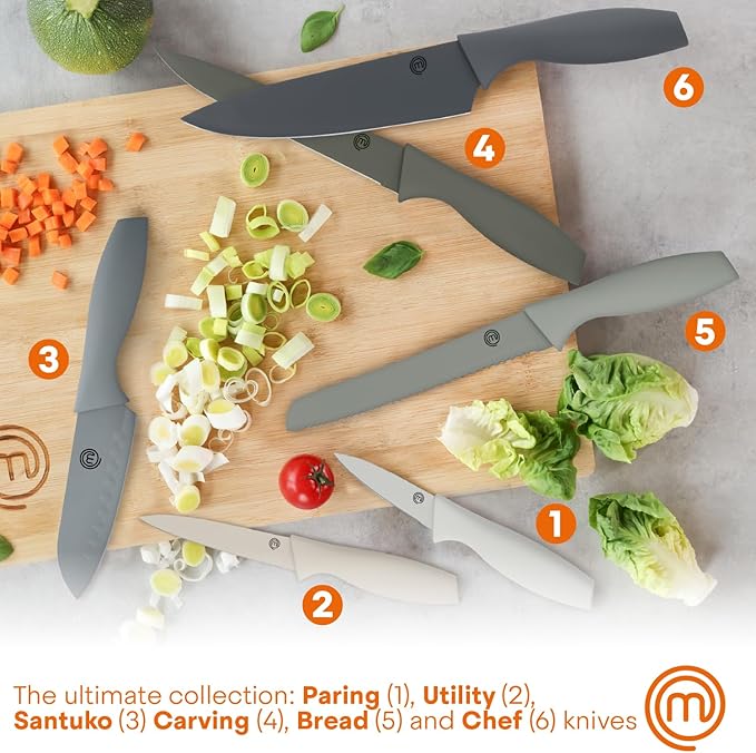 MasterChef Knife Block Set of 6 Kitchen Knives, Extra Sharp Stainless Steel Blades for Professional Cutting with Non Stick Coating & Soft Touch Easy Grip Handles in a Universal Holder, Earth Greys