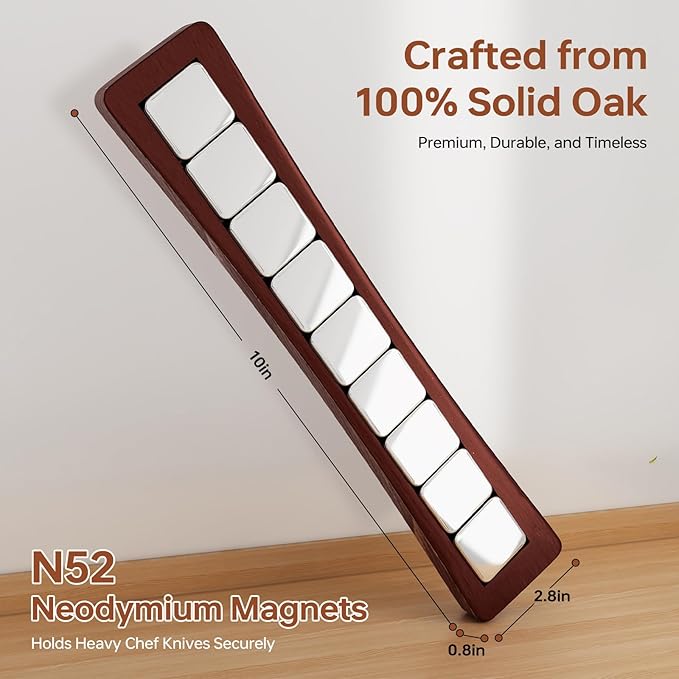Magnetic Knife Holder for Wall 10 Inch, Premium Oak Wood Magnetic Knife Strip with N52 Strong Magnets, No Drilling Wooden Knife Rack Bar for Kitchen Knives & Tools（Black Walnut Color）