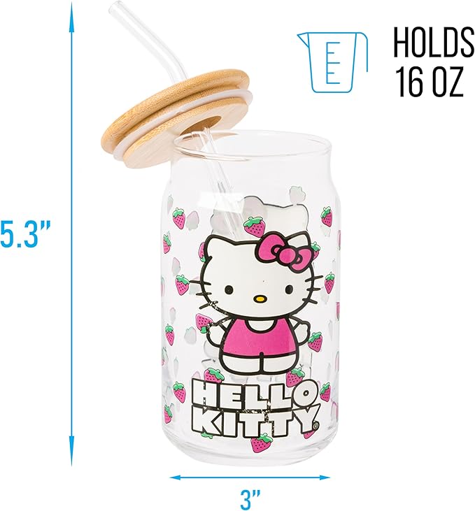Silver Buffalo Sanrio Hello Kitty Strawberry Glass Jar Tumbler with Bamboo Lid and Glass Straw, 16 Ounces (Pack of 12)