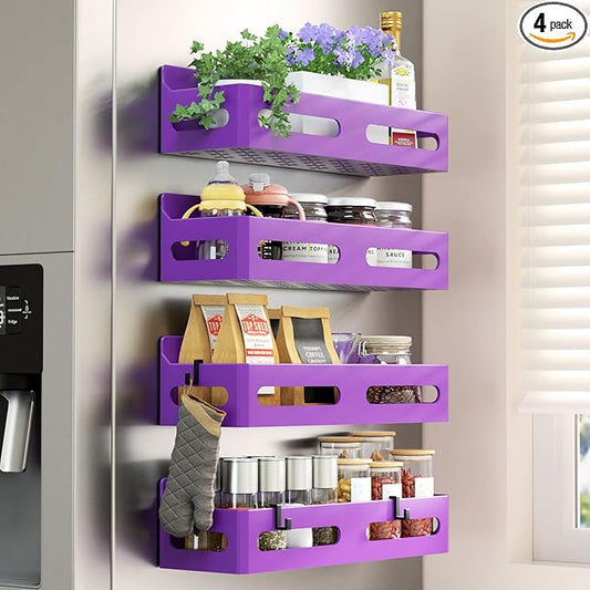 4 Pack Magnetic Spice Rack for Refrigerator, Spice Rack Organizer, Moveable Magnetic Shelf Fridge Organizer with 4 Hooks for Kitchen and Oven Organization, Purple