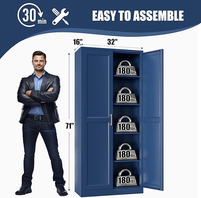 71" Tall Metal Storage Cabinet, Kitchen Pantry Storage Cabinets with Doors and 4 Adjustable Shelves, Food Pantry Cabinet, Large Cupboard, Utility Steel Cabinets for Dining, Living Room, Blue