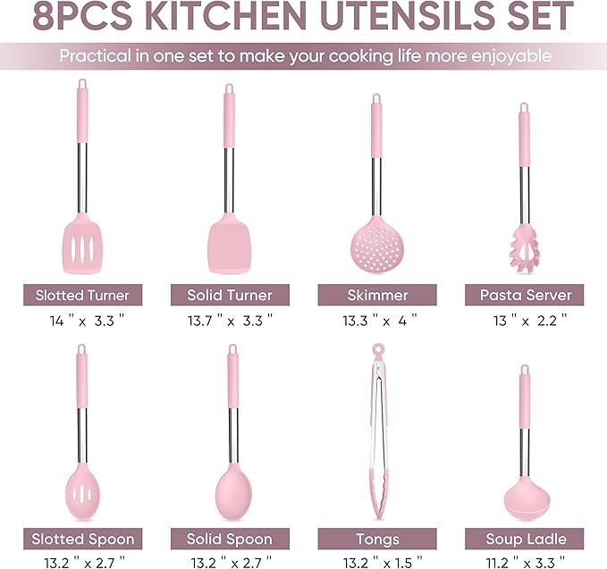 TeamFar Kitchen Utensils Set of 8, Silicone Utensils Kitchen Tools Set with Stainless Steel Handle, for Frying Serving Flipping Draining, Non-toxic & Heatproof, Nonstick & Dishwasher Safe - Pink